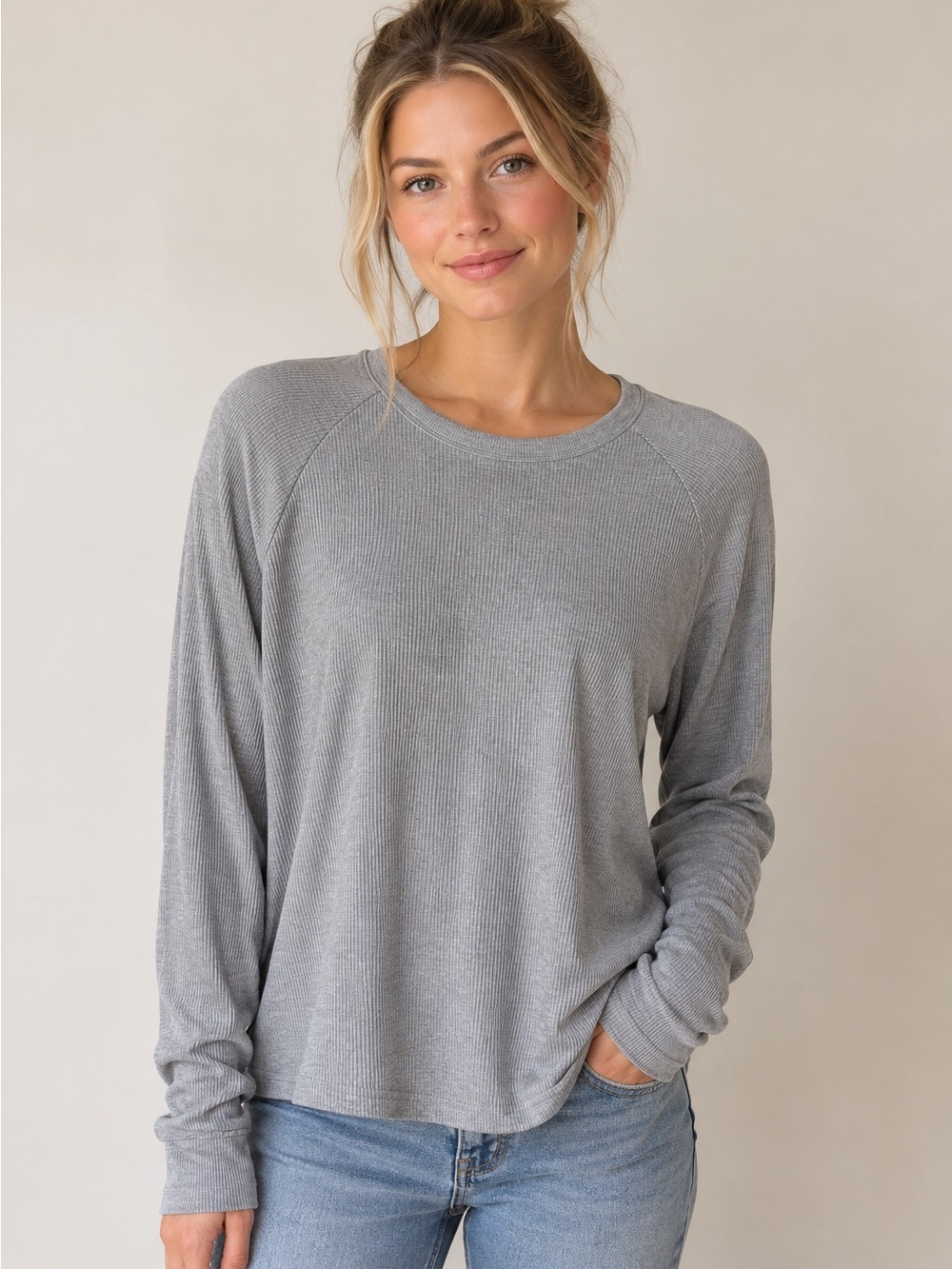 aerie Ribbed Long-Sleeve Crew Top - Light Gray